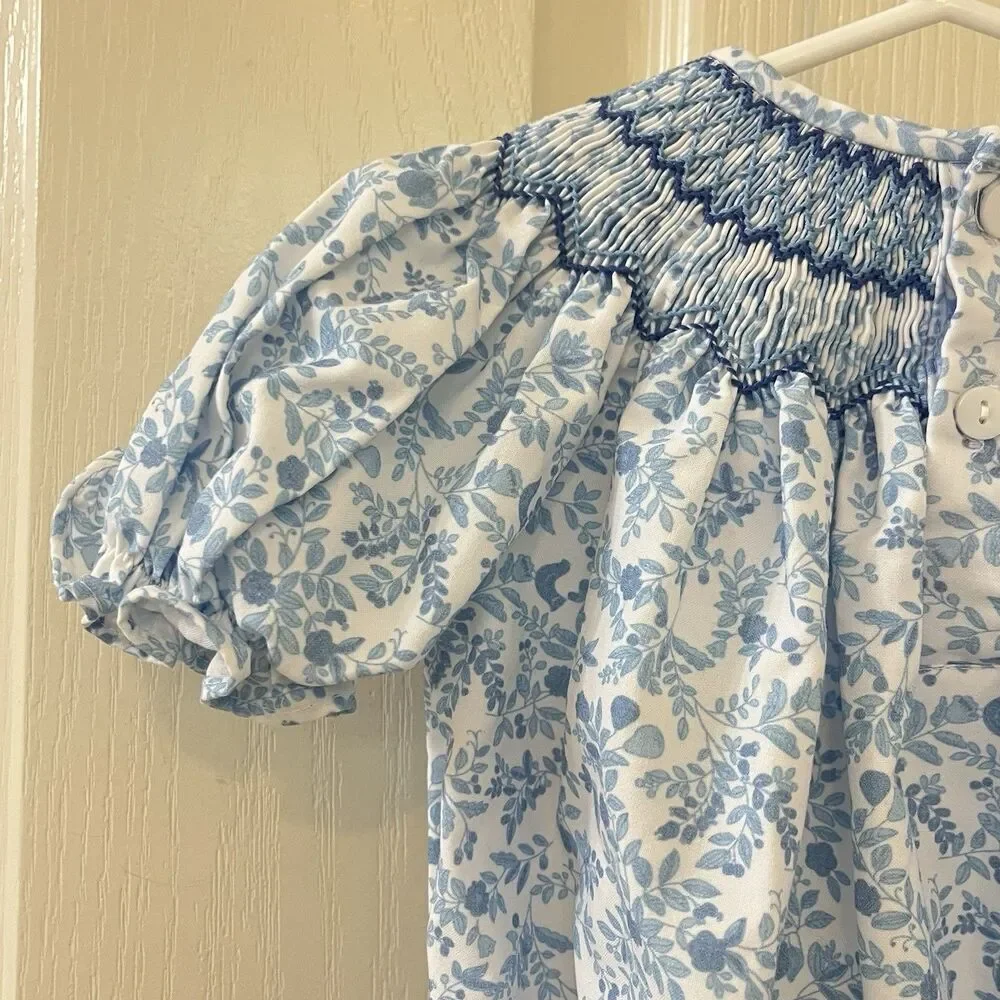 Sweet Dreams Blue Floral Birds Smocked Bubble Romper Girls Size 12 Months